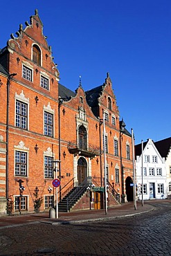 Town Hall and restaurant, Ratskeller, at the market place in the historic town centre of Glueckstadt, Schleswig-Holstein, Germany, Europe