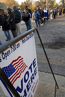 People stand in long lines waiting to vote at Salem Memorial Lutheran Church on Election Day in the 2008 Presidential election, Detroit, Michigan, USA