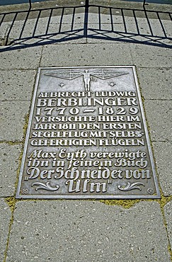 Commemorative plaque, Adler bastion, this is where the "tailor of Ulm" started his attempt to fly, Ulm, Baden-Wuerttemberg, Germany, Europe