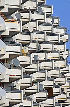 Apartment tower with balconies and satelite dishes, Chorweiler near Cologne, North Rhine-Westphalia, Germany, Europe