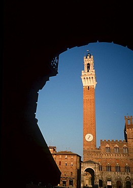 View towards Piazza del Campo with the Palazzo Pubblico and Torre del Mangia, Siena, Tuscany, Italy