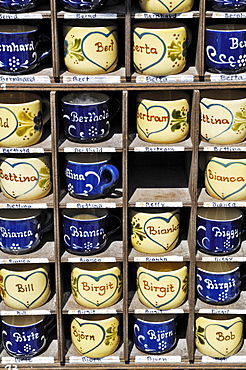 Names written on cups, Auer Dult, traditional market in Munich, Bavaria, Germany, Europe