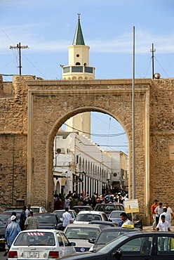 Old gate Bab al Khending to medina with minaret Tripolis Libya