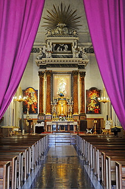 View down the central aisle of the La Purisima Concepcion Church, La Nucia, Alicante, Costa Blanca, Spain