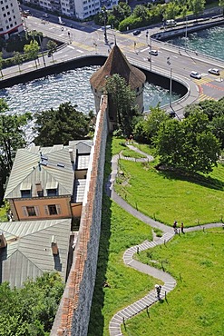 Bridge, Reuss River, view from the Maennliturm Tower toward Noelliturm Tower, Museggturm Tower, Museggmauer Wall, city wall, city fortification, Lucerne, Switzerland, Europe