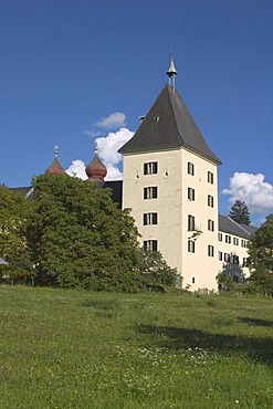 Millstatt at lake Millstatt Carinthia Kaernten Austria former Benedictine monastery founded in the 11. C. by the Bavarian Aribonen dynasty tower of the monastery out of the parks near the lake