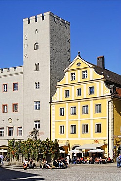 Regensburg Upper Palatinate Bavaria Germany Haidplatz with the dynasty tower of the former inn Goldenes Kreuz