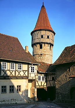 Ostheim Rhoen mountains Rhoen mountains Lower Frankonia Bavaria Germany church castle peel tower 15 Century