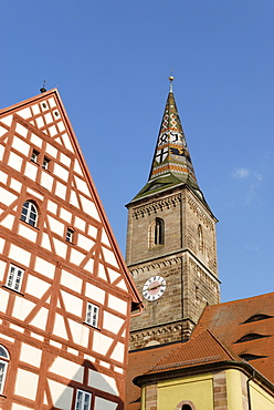 Tower of the parish church St Nikolaus Wolframs-Eschenbach Middle Franconia Bavaria Germany