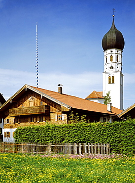 Gelting town of Geretsried Upper Bavaria Germany Saliterhof Saliter farm in front of the daughter church St Benedikt