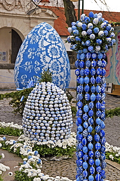 Easter Fountain decorated with hand-painted eggs, Ingolstadt, Bavaria, Germany, Europe