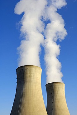 Stream rising from two cooling towers of the Grafenrheinfeld Nuclear Power Station, Bavaria, Germany