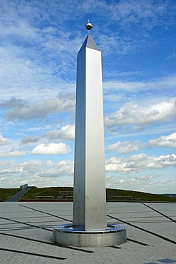 Sun dial with obelisk, Emscherbruch landscape park, Hoheward slag heap, Recklinghausen, North Rhine-Wesphalia, Germany