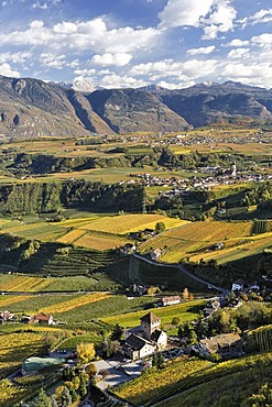 View from the tower of the castle ruin Boymont to the castle Korb and the villages of St Nikolaus and Kaltern, near Bozen, South Tyrol, Italy