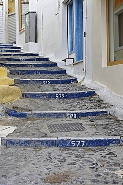 The steps from the old harbour to the town are numbered, Thira, Santorini, Greece