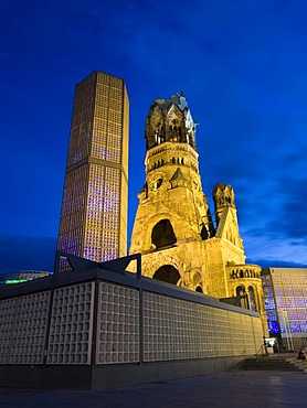 Emperor Wilhelm memory church at Breitscheidplatz, Kurfurstendamm at night, Berlin, Germany, Europe