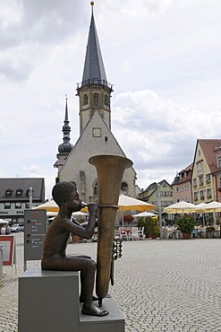 Trumpeter, bronze figure in front of the Evangelische Kirche, Weikersheim, Baden-Wuerttemberg, Germany, Europe