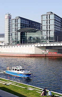 Police boat in front of Berlin Central Station at the river Spree, Germany, Europe