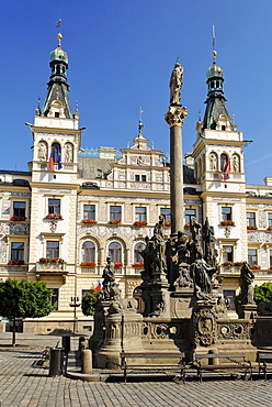 Statue in front of ornate building facade in the historic centre of Pardubice, East Bohemia, Czech Republic, Czechia, Europe