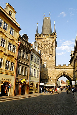 Riverside lane with Lesser Quarter Bridge tower, UNESCO World Heritage Site, Prague, Czech Republic, Czechia, Europe