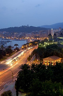 View on bay and promenade with harbour, Palma de Majorca, Majorca, Spain