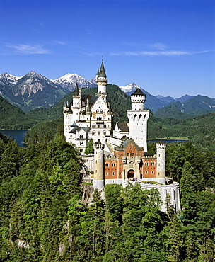 Neuschwanstein Castle in summer, Panorama, Alp lake, Fuessen, Thannheimer Mountains, Allgaeu, Bavaria, Germany