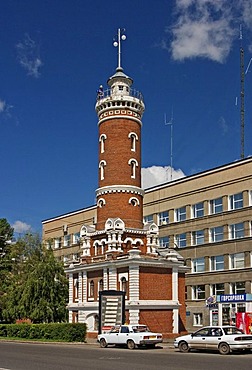 Sign of the City of Omsk, The Old Firebrigades Tower in the Downtown of Omsk, Omsk at the Rivers of Irtisch and Omka, Omsk, Sibiria, Russia, GUS, Europe,