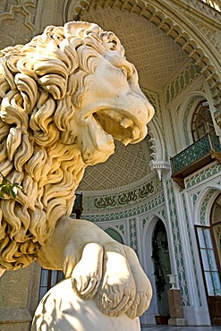 Lion in white Marble in front of Castle Voroncov, Jalta, Crimea, Ukraine, South-Easteurope, Europe,