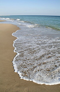 Deserted lonely beach in the early season El Vendrell, Coma Ruga Costa Dorada Spain