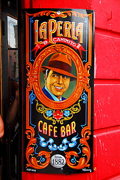 Sign that shows tango singer Carlos Gardel, La Boca, Buenos Aires, Argentina