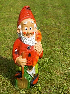 Garden gnome holding a spade and a carrot