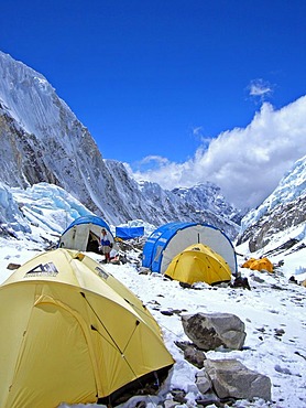 Yellow tents and crew tents in camp II, 2, Western Cwm, 6500m, Mount Everest, Himalaya, Nepal