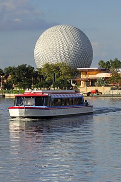 Ferry boat with Spaceship Earth behind, Epcot, Disney World, Florida, USA