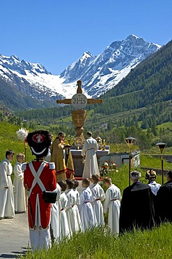 Open-air mass Corpus Christi procession Wiler Valais Switzerland