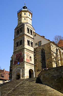 Stairs leading to the St Michael church, Schwaebisch Hall, Baden-Wuerttemberg, Germany