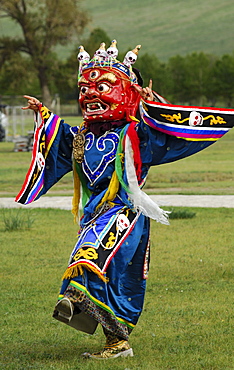 War God, dancing daemon wearing a traditional Tibetan Buddhist dance mask for the Tsam ritual dance, Ulan Bator or Ulaanbaatar, Mongolia, Asia