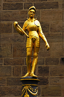 Gilded knight figure as a fountain figure, Margrave Georg Fountain, Ansbach, Franconia, Bavaria, Germany, Europe