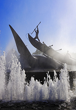 Controversial whaling monument by Norwegian sculptor Knut Steen, fountain and rainbow, Sandefjord, Vestfold, southern Norway, Scandinavia