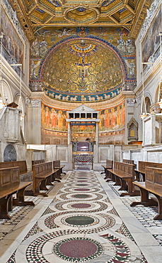 Nave with coffered ceiling and ciborium in San Clemente Church, Rome, Italy, Europe