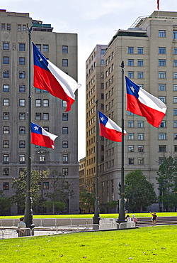 Chilean flags in front of high-rise buildings, Santiago de Chile, Chile, South America