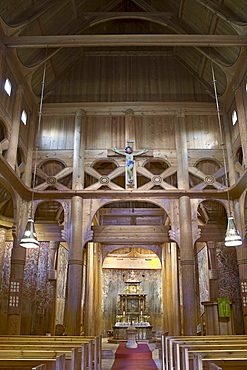 Interior view of Heddal Stave Church (Heddal Stavkirke), thirteenth-century stave church in Norway, Scandinavia, Europe