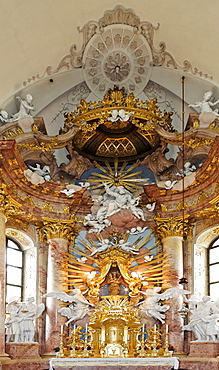 Detail, high altar and image of the Virgin at the Baroque pilgrimage church in Hafnerberg, Triesingtal (Triesing Valley), Lower Austria, Austria, Europe