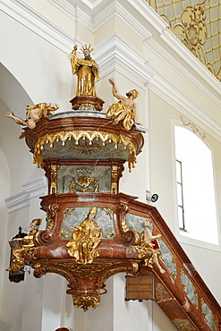 Representation of St. Augustine on a pulpit in the parish church at Schoengau, Triestingtal, Lower Austria, Austria