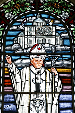 Church of pilgrimage, window picture of Pope John Paul II, Caacupe, Paraguay, South America