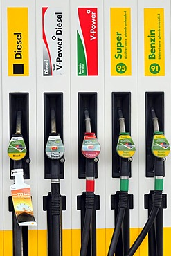 Petrol pump, nozzles of different types of petrol and diesel