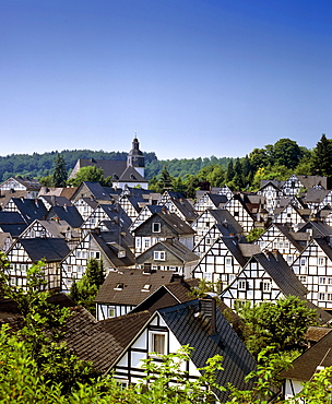 Fachwerk-style houses in the historic centre of the town of Freudenberg, North Rhine-Westphalia, Germany, Europe