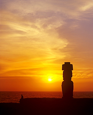 Moai Ahu Tahai, stone sculpture, sunset, Rapa Nui National Park, Easter Island, Chile, Oceania