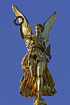 Victory goddess Victoria on top of the Memorial of the Battle of Fehrbellin in Hakenberg, Brandenburg, Germany, Europe