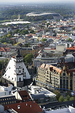 Overview over the City west with the Thomaskirche, the Zentralstadion (behind) Leipzig, Saxony, Germany