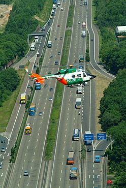 DEU, Germany, Duesseldorf: Alarm helicopter BK 117 with camera, infrared and heat-search camera. Can fly at night with night vision equipment. Police flying squad. Police helicopters.